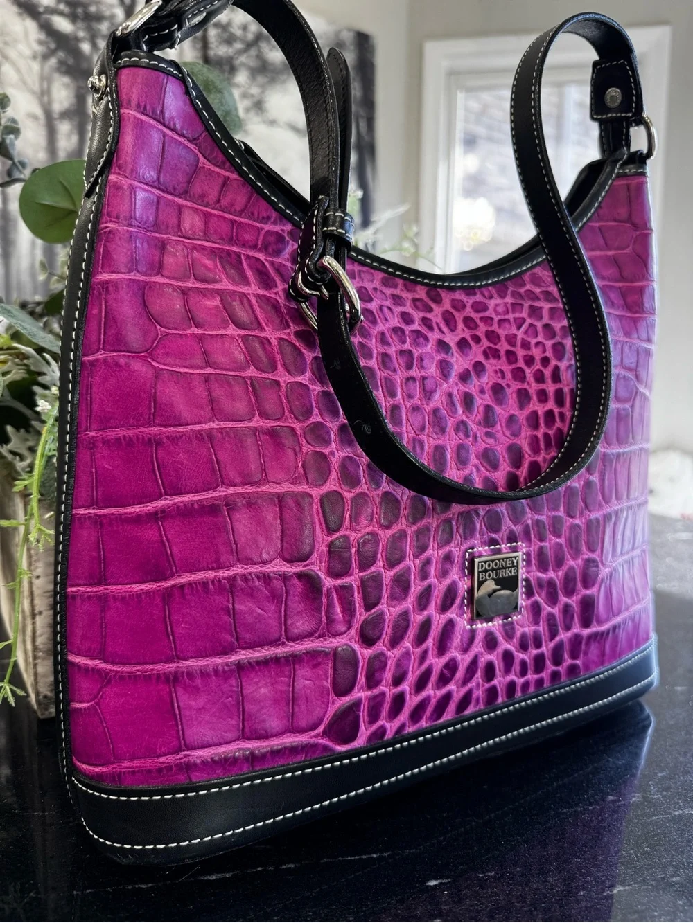 🐊💜Dooney & Bourke Croco Embossed Leather Hobo Shoulder Bag Purple Orchid Black - Picture 13 of 14